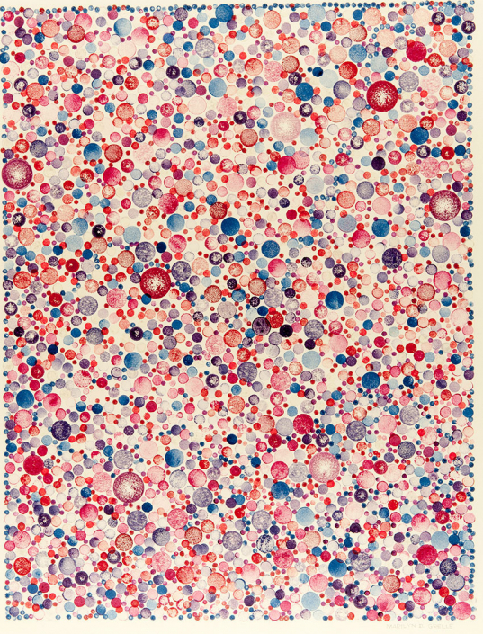 Shows an image of a painting with thousands of circles in various sizes and shades of red blue and purple