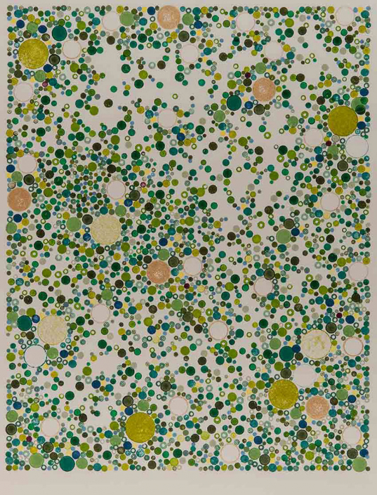 Shows an image of hundreds of small circles and dots in various shades of green with large floating circles of tan, pink/orange and olive green