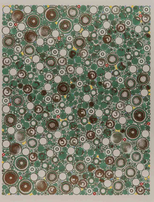 Shows an image of hundreds of blue green, white, and brown circles interspersed with small red circles with white centers