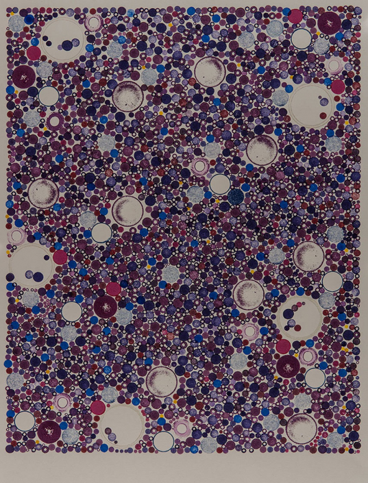 Shows an image of thousands of small circles in varying shades of blue and purple with large floating white circles throughout