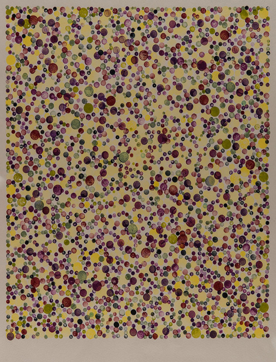 Shows an image with a yellow background and dotted with thousands of circles in varying colors and shades of brown, green, purple