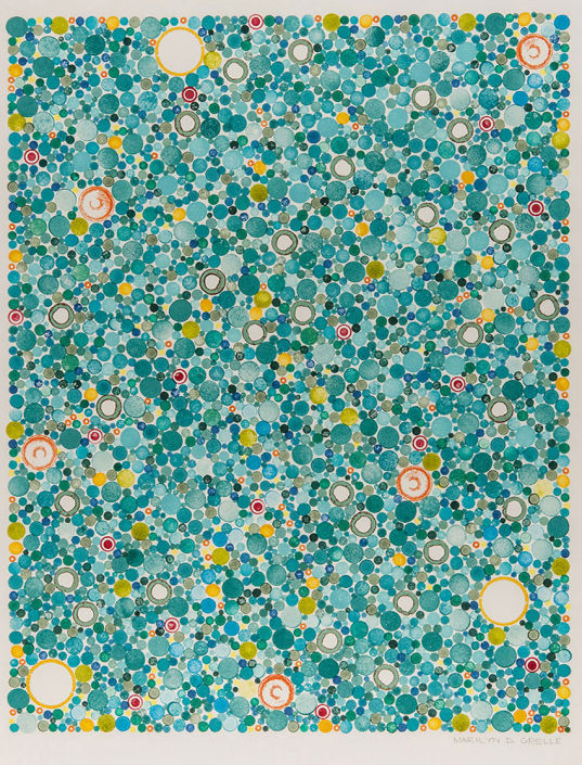 Shows an image of a painting with thousands of circles in various sizes and shades of turquoise, interspersed with yellow, white and green circles