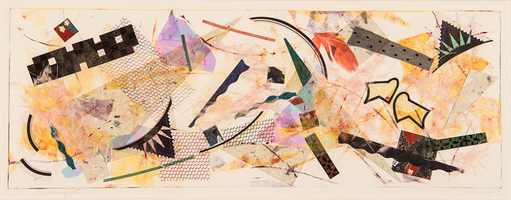 Shows an abstract collage with painted strokes in shades of yellow, various shapes and colors of paper, feathers and netting