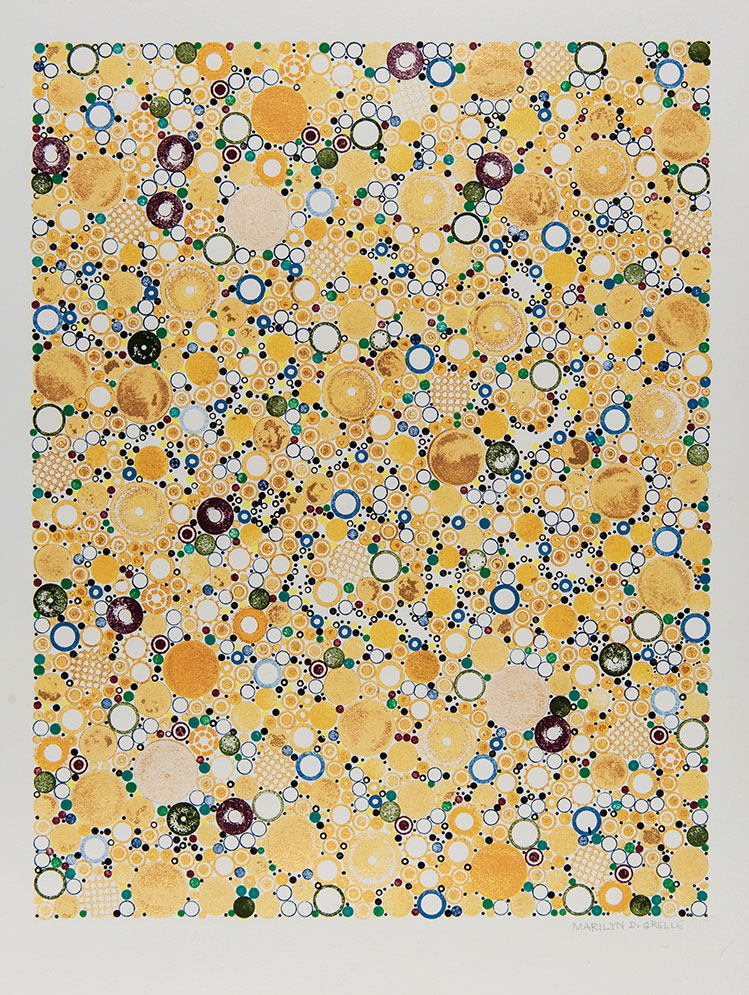 Shows an image of thousands of yellow and white circles in varying shades and sizes interspersed wth contrasting green, plum and blue circles with white centers