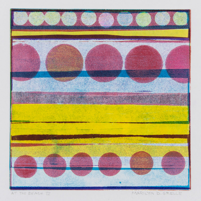 Shows a square image with bands of color - reddish pink, yellow and opaque blue. At the top are 10 small light green, yellow, pink and blue circles. Below that are 5 large reddish pink and terra cotta circles. At the bottom, on an opaque blue band are 6 medium sized circles in reddish pink and terra cotta.
