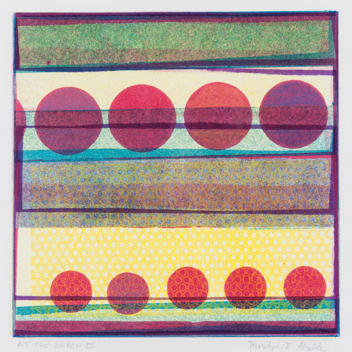 Shows a square image with bands of green, blue, yellow and off-white. 4 large circles in shades of red, purple and terra cotta dominate the image. At the bottom behind a yellow honeycomb background are 5 small circles in shades of red and pink.