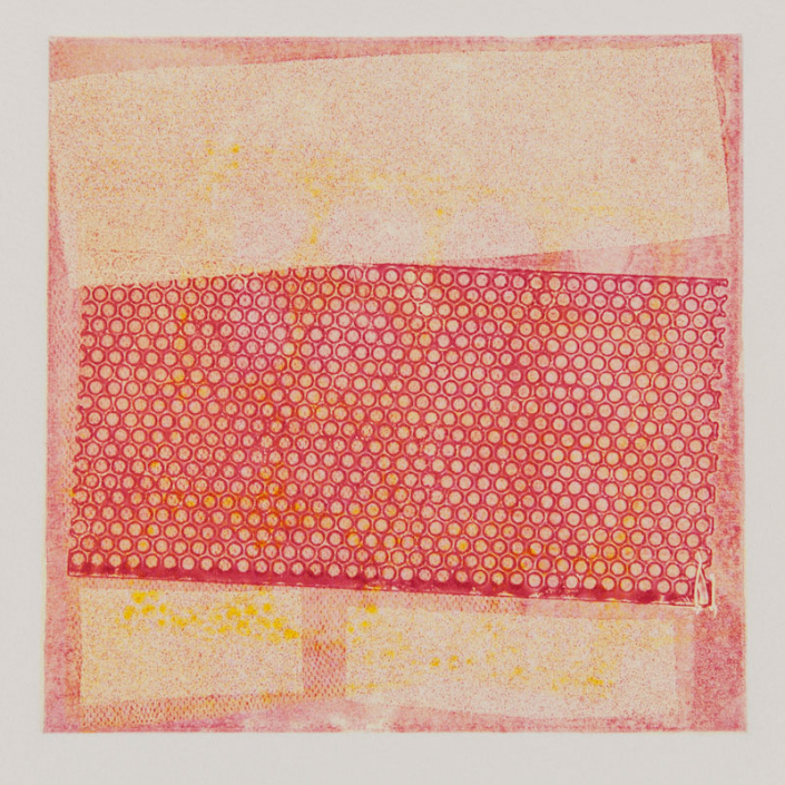 Shows a square abstract image. The background is opaque red with one cream-colored layer and a polka-dotted layer on top of that which is topped by a smattering of yellow.
