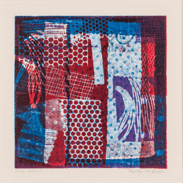 Shows a square abstract image with vertical textured bands. Predominantly blue and red with some purple and polka dots throughout.d