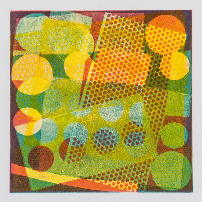 Shows a square abstract textured image with patterned rectangular shapes and circles of yellow, orange, blue and green