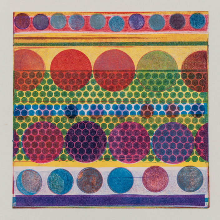Shows a square image with bands of color. A small band of red at the top filled with small colored circles in shades of blue. A wide yellow band with green polka dots on top and two rows of large colored circles. A soft grey background with medium sized circles across the bottom. A very thing band of purple across the bottom. in yellows and blues framed in red. The bottom band has a deep turquoise background and 5 large purple circles.
