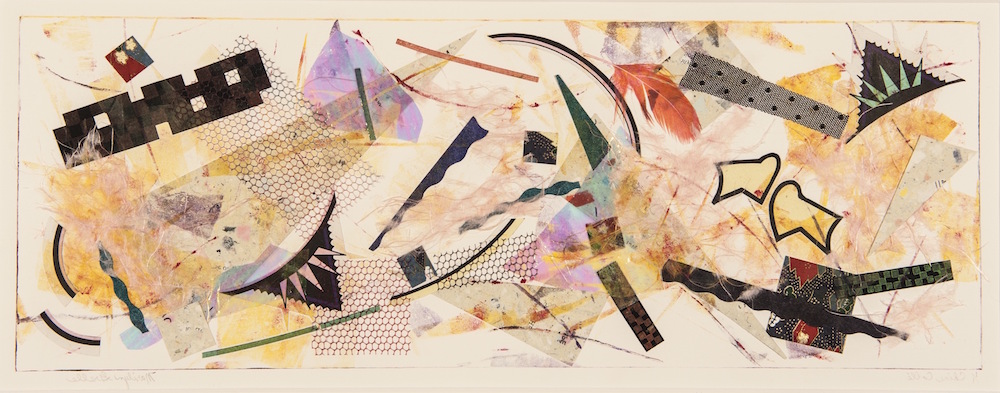 Shows an abstract collage with painted strokes in shades of yellow, various shapes and colors of paper, feathers and netting